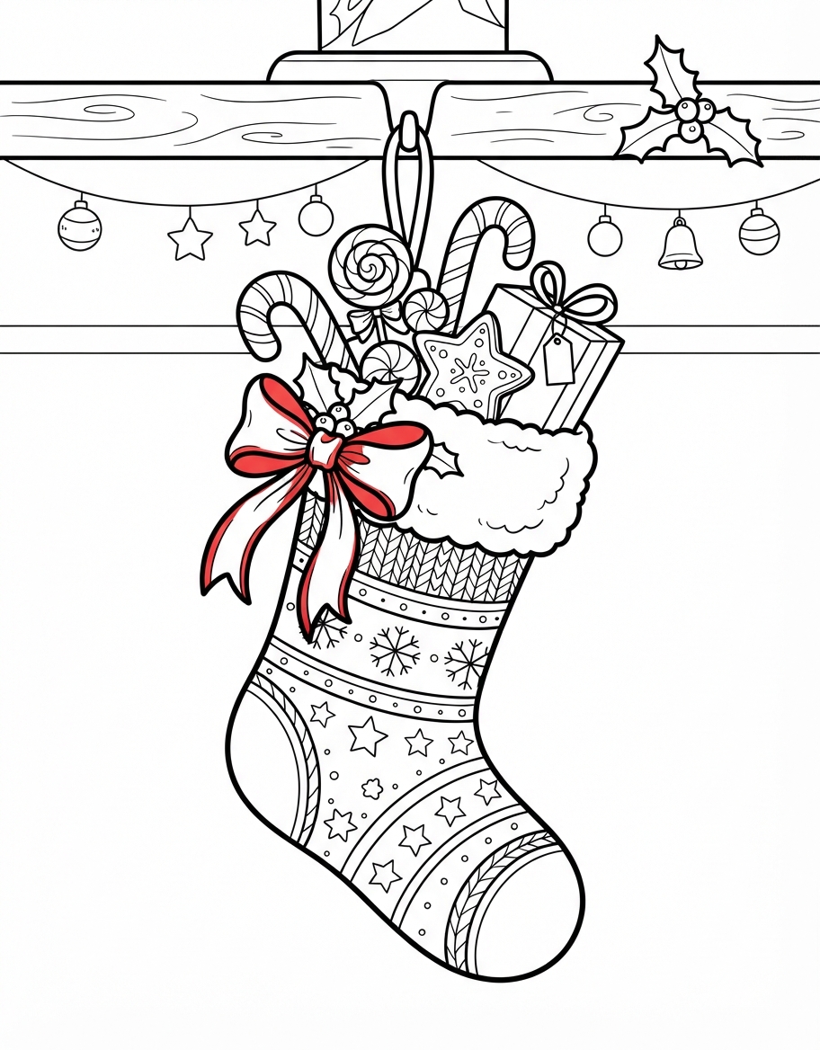 Jolly Christmas Stocking with Candy with a Red Bow Ribbon coloring page - free printable outline