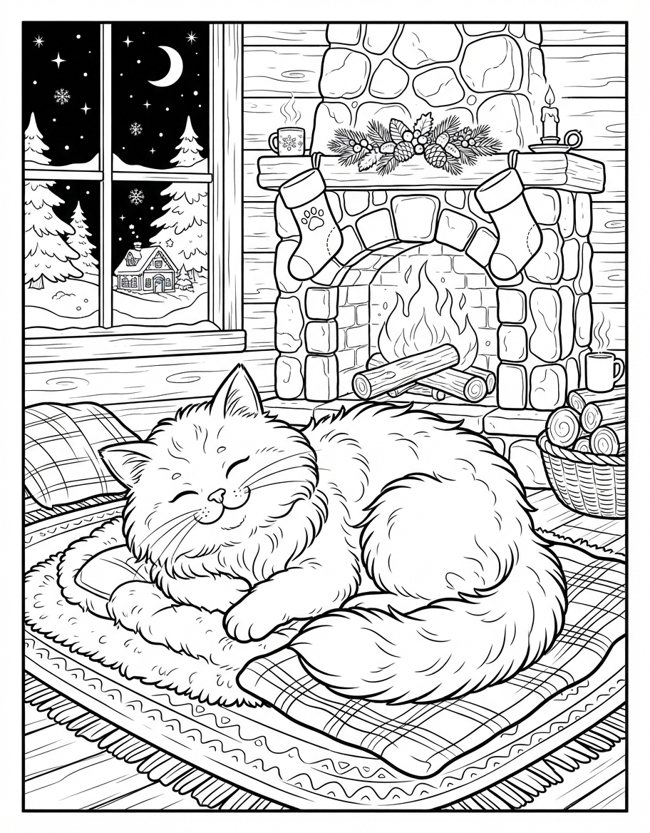 Jolly Fluffy Cat Sleeping by Fire at the North Pole coloring page - free printable outline