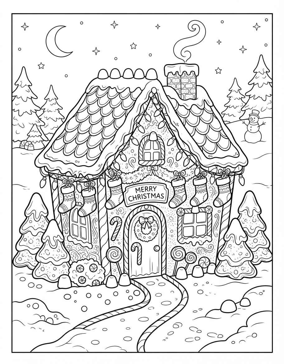 Jolly Gingerbread House with Icing with Hanging Stockings coloring page - free printable outline