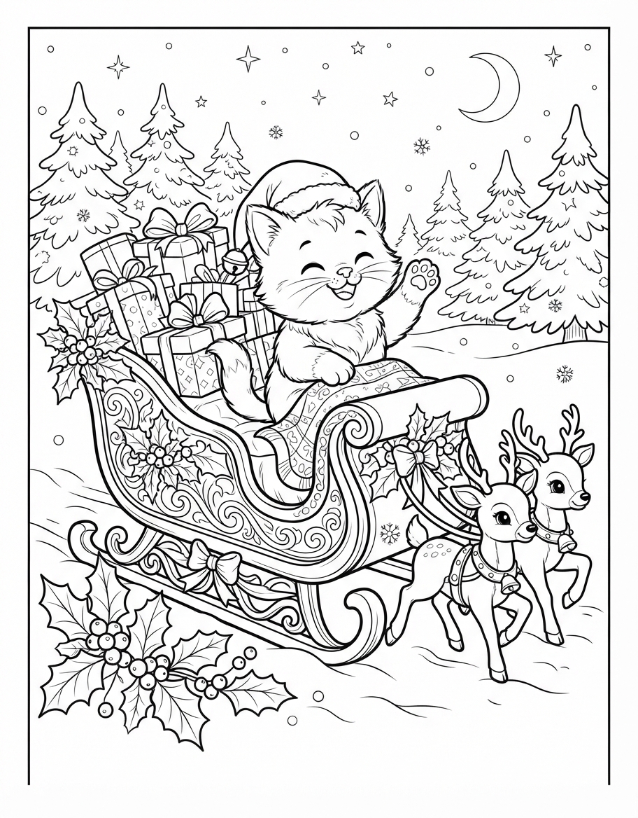 Jolly Kitten on Santa Sleigh with Holly and Berries coloring page - free printable outline