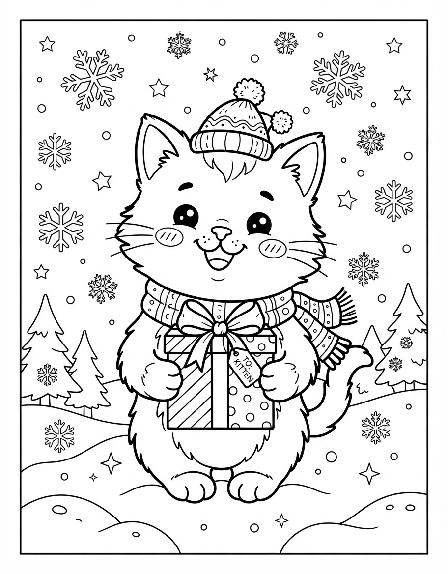 Jolly Kitten with Present Box surrounded by Falling Snowflakes coloring page - free printable outline