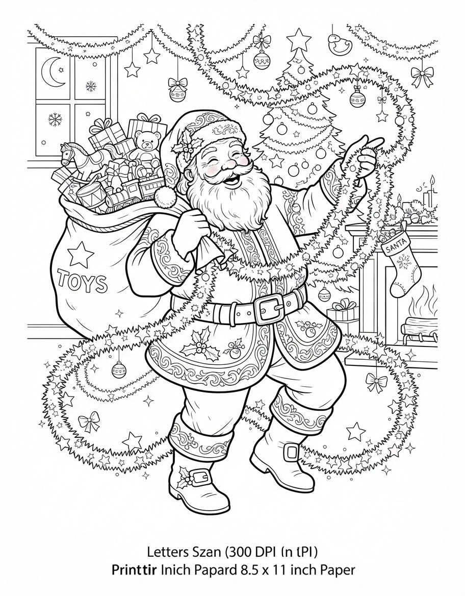 Jolly Santa Claus with Toy Bag playing with Holiday Tinsel coloring page - free printable outline