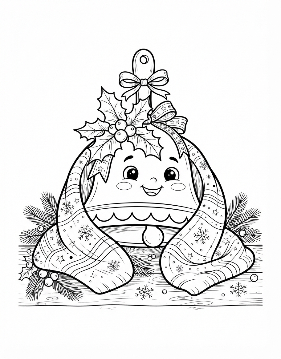 Joyful Christmas Bell with Holly wrapped in a Cozy Blanket coloring page - free printable outline