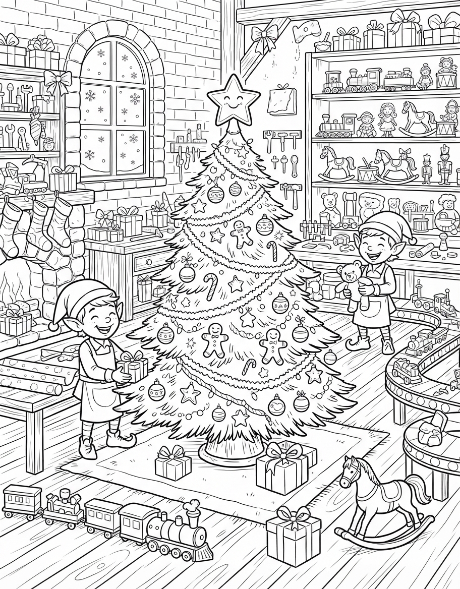 Joyful Christmas Tree with Star in Santa's Workshop coloring page - free printable outline