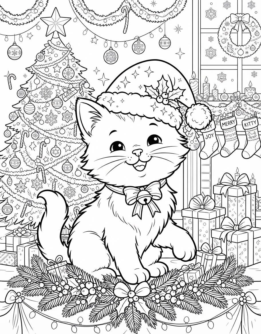Joyful Kitten in Santa Hat decorated for the Holidays coloring page - free printable outline