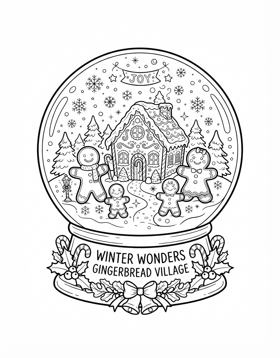 Joyful Snowglobe with Winter Scene with Yummy Gingerbread Cookies coloring page - free printable outline