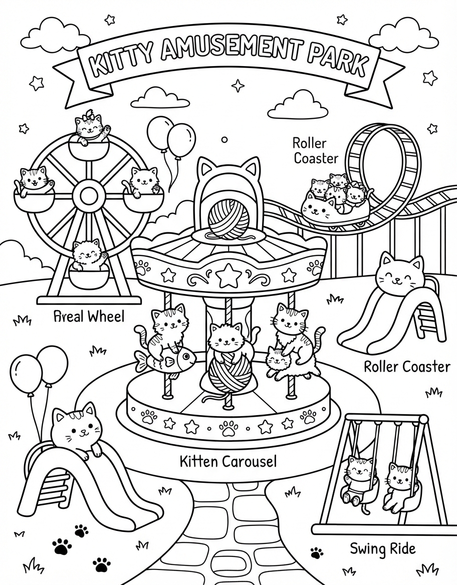 Kitten Amusement Park coloring page - free printable outline
