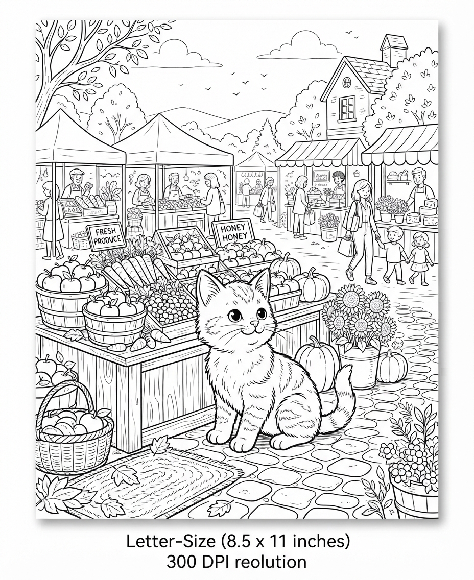 Kitten at Farmers Market coloring page - free printable outline