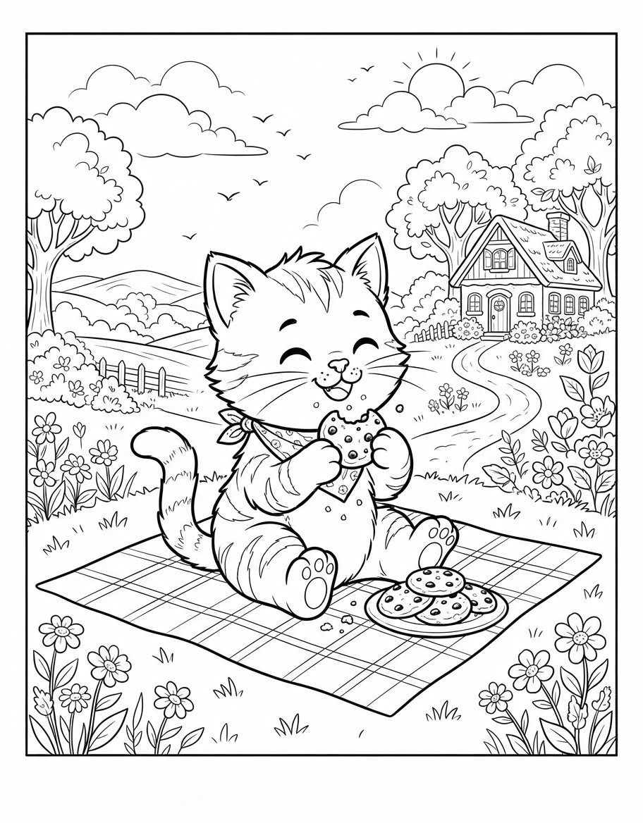 Kitten Eating Cookies coloring page - free printable outline