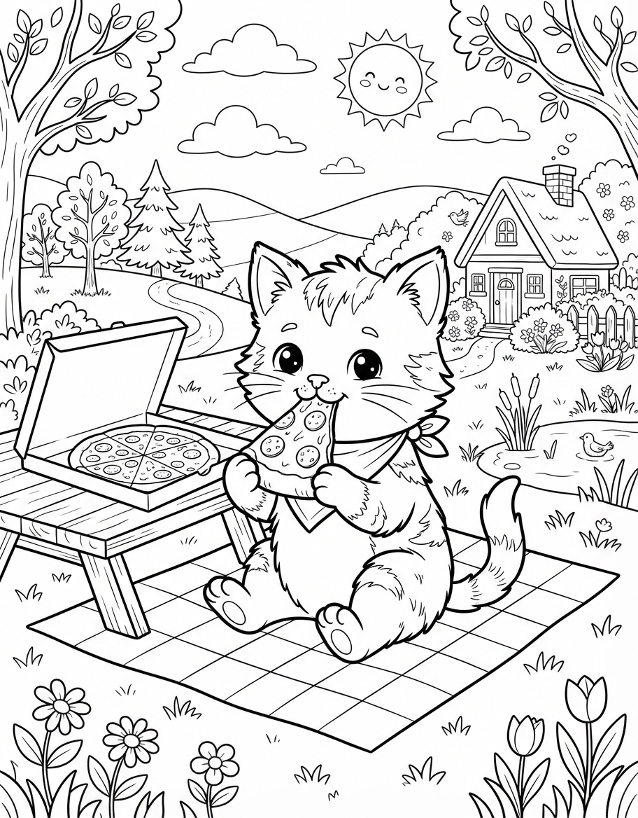Kitten Eating Pizza coloring page - free printable outline