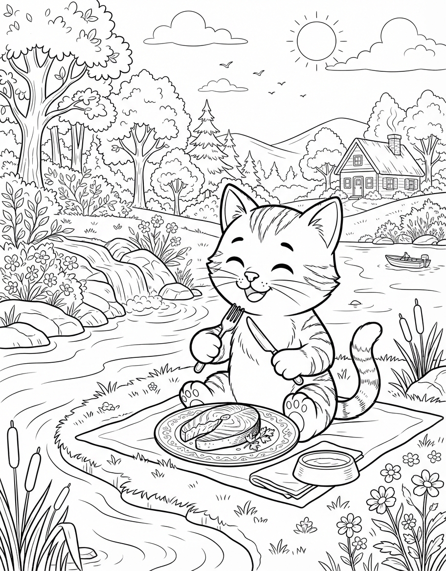 Kitten Eating Salmon coloring page - free printable outline