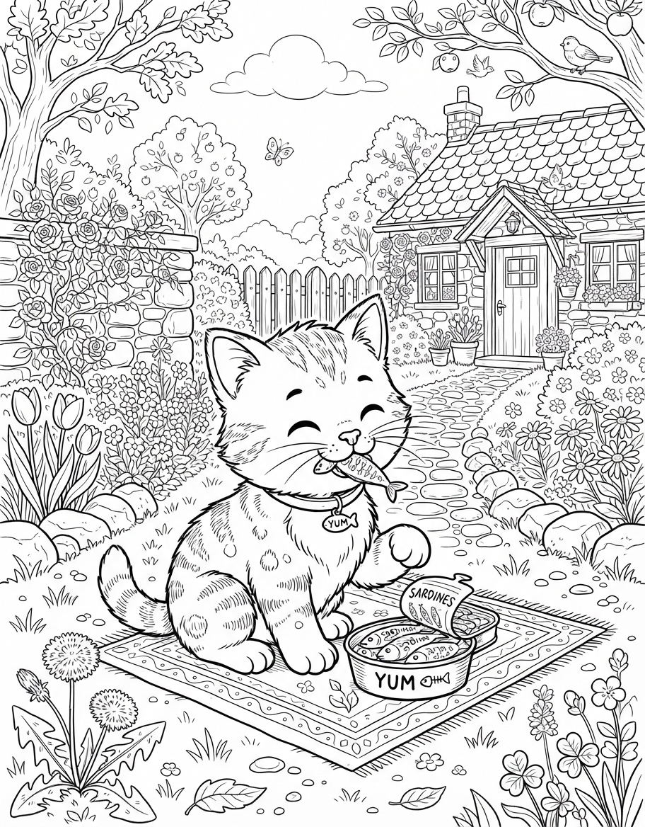 Kitten Eating Sardines coloring page - free printable outline