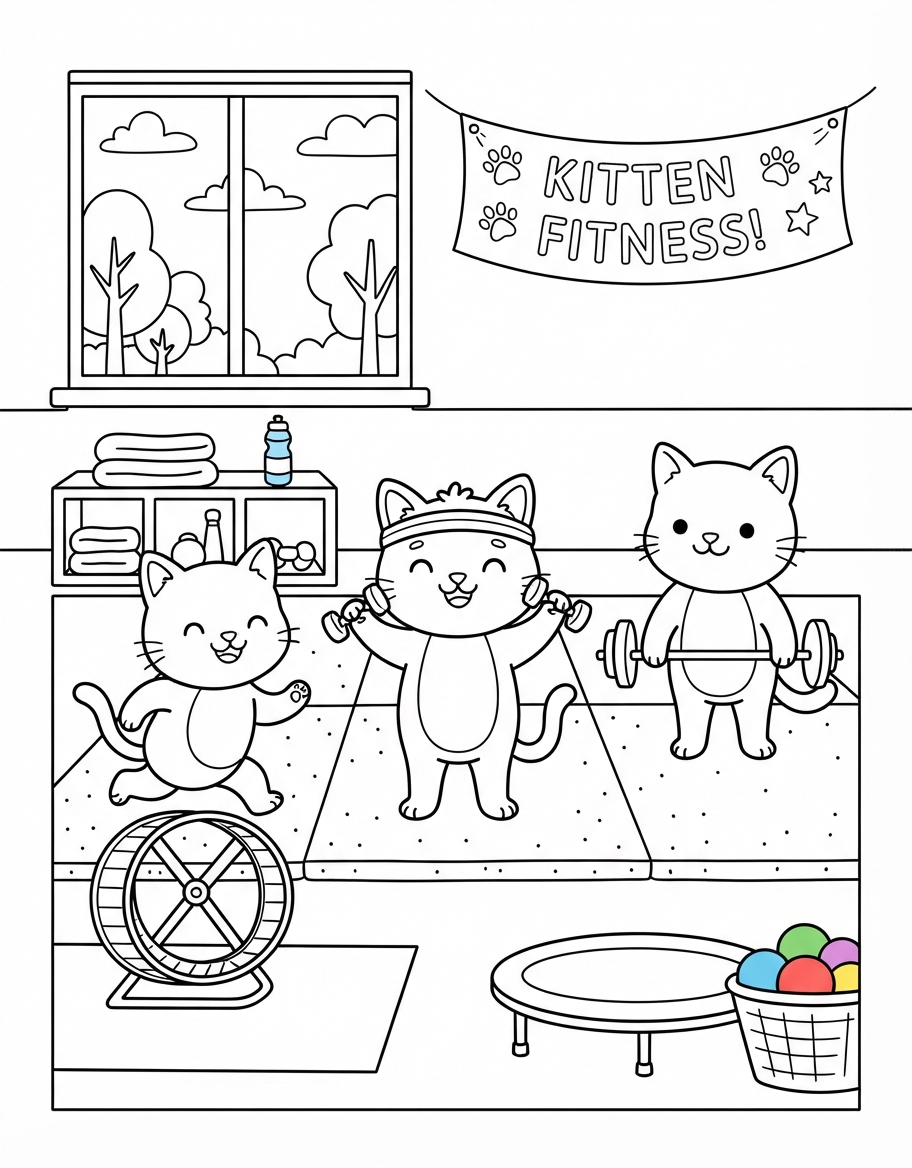 Kitten Fitness coloring page - free printable outline