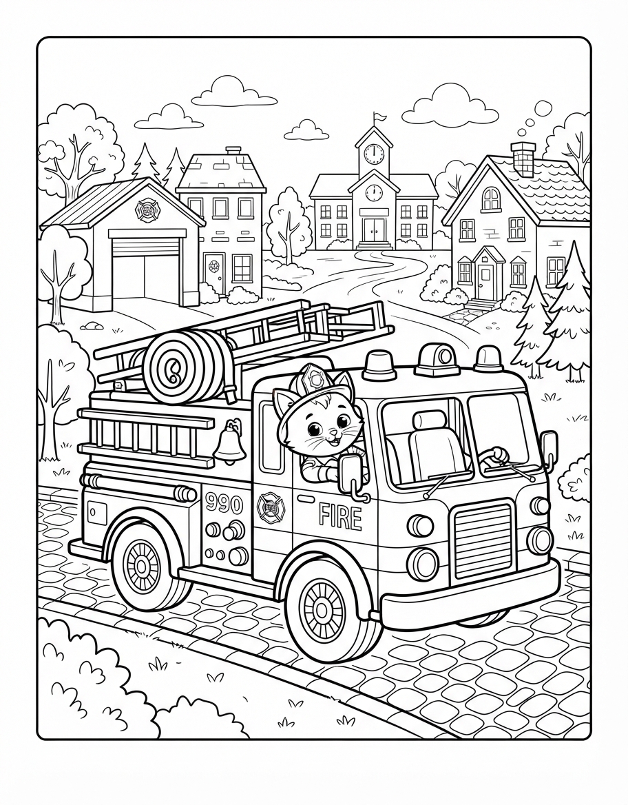 Kitten in a Fire Truck coloring page - free printable outline
