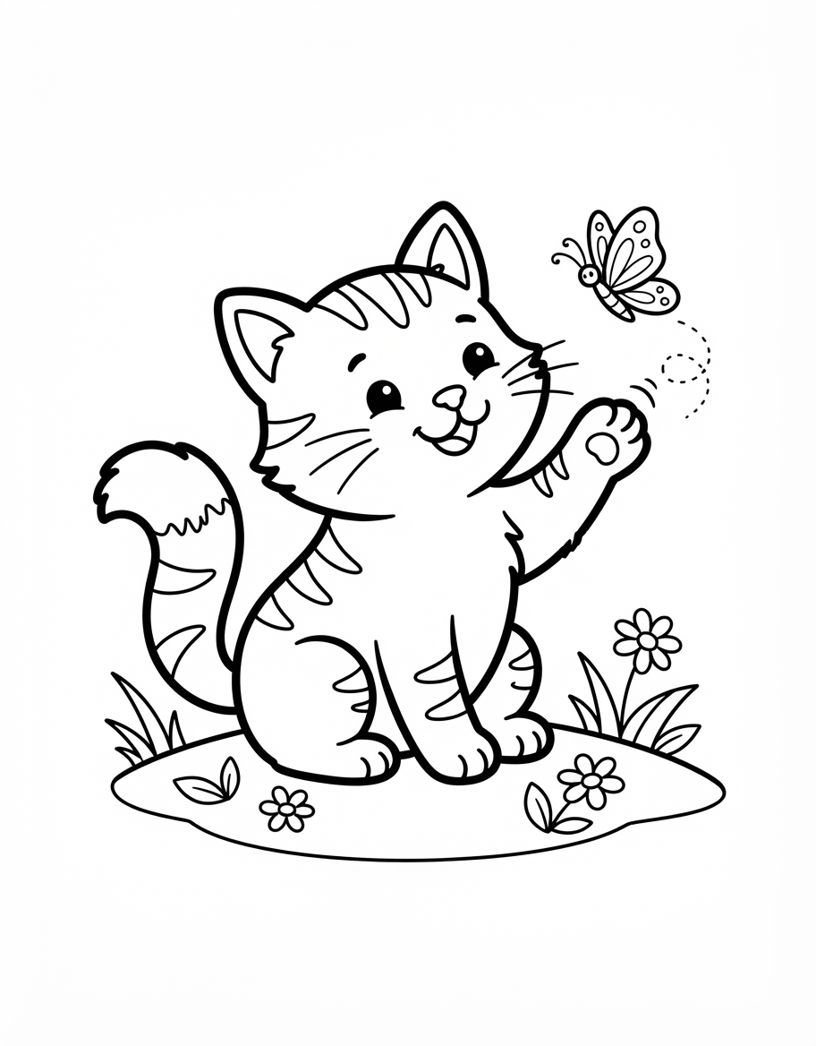 Kitten Playing with Butterfly coloring page - free printable outline