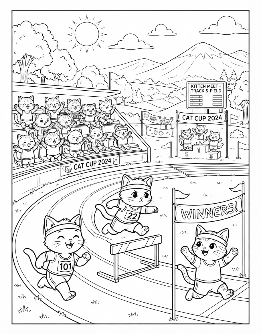 Kitten Track and Field coloring page - free printable outline