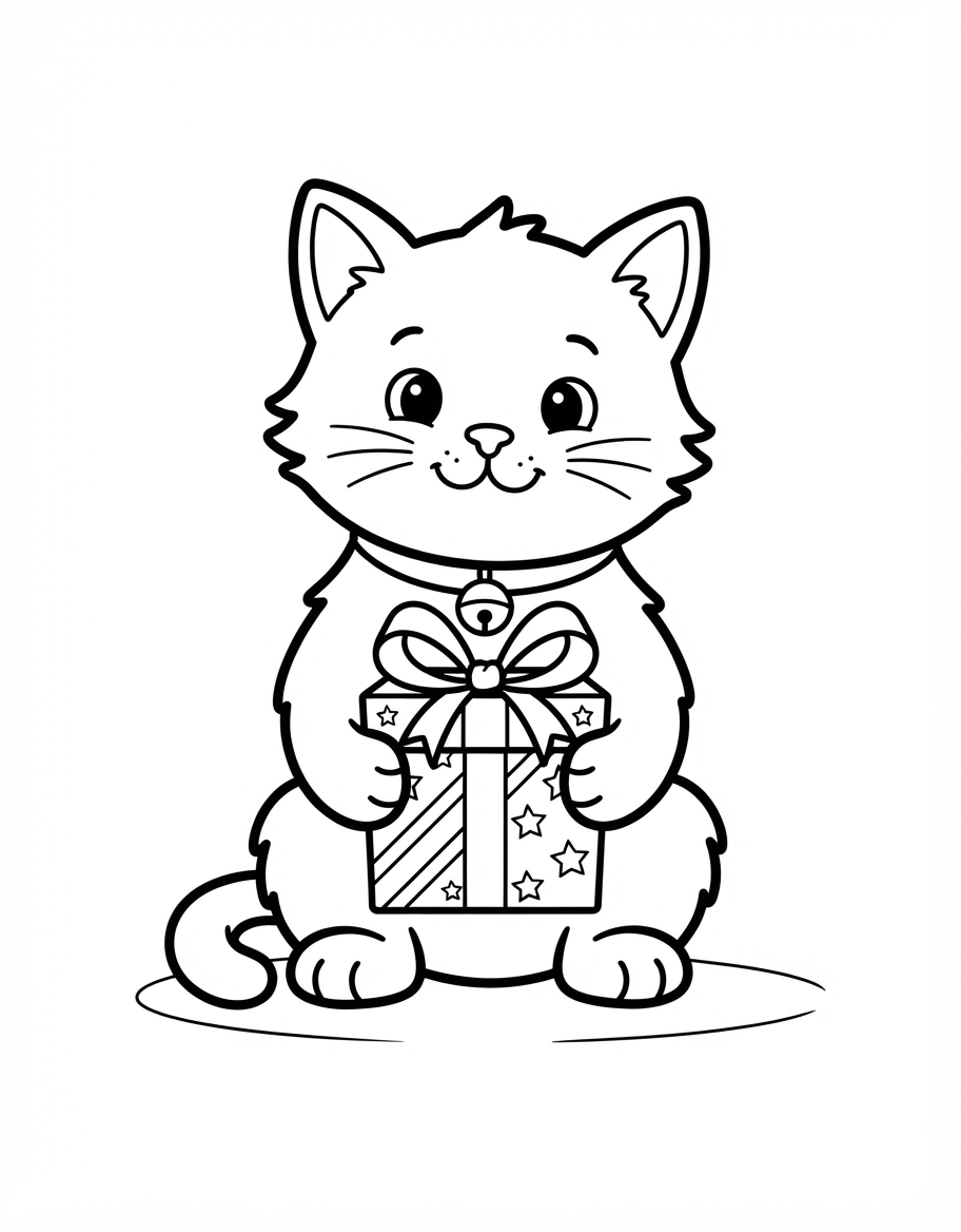 Kitten with a Birthday Present coloring page - free printable outline