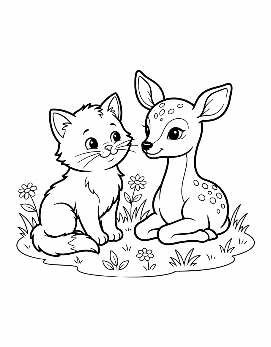 Kitten with Fawn coloring page - free printable outline
