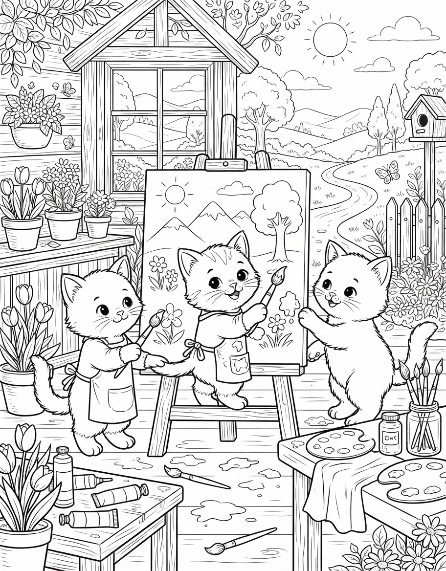 Kittens Painting Together coloring page - free printable outline