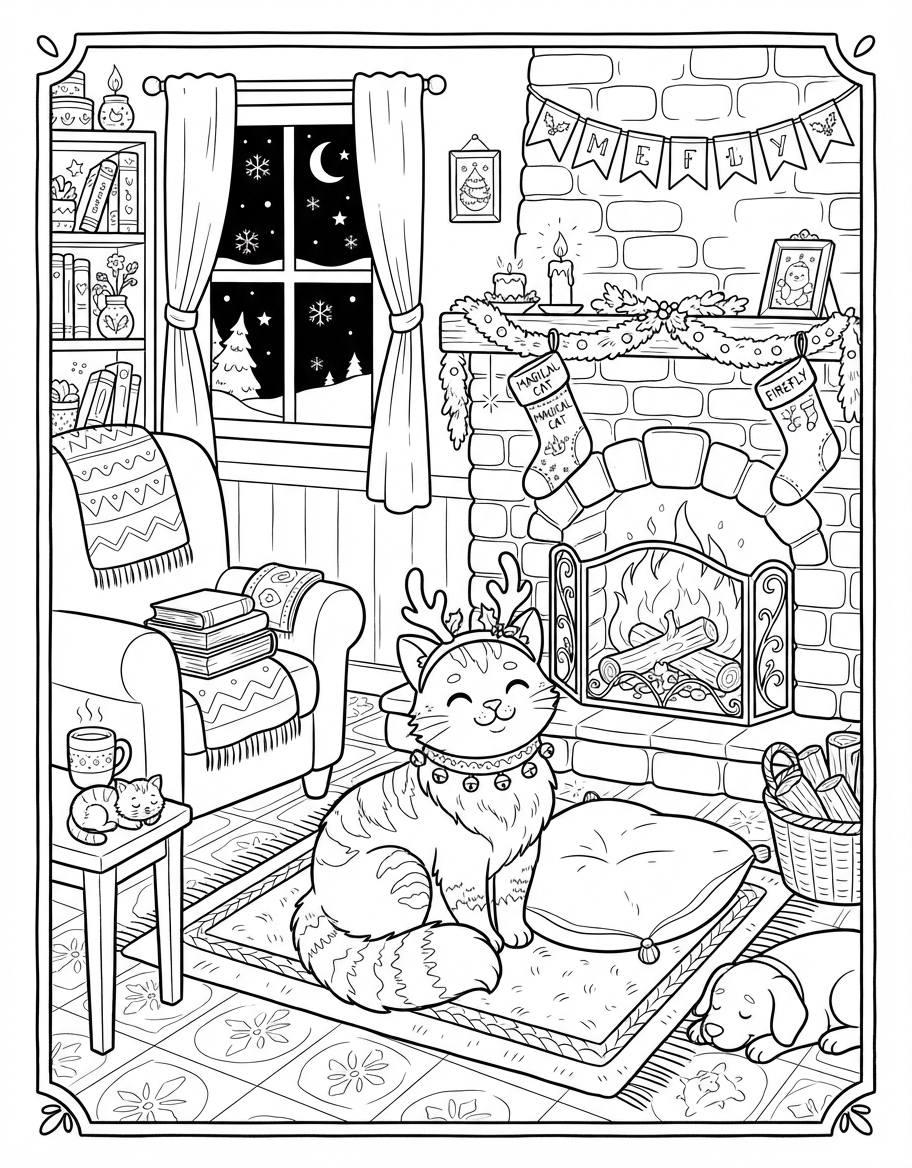 Magical Cat with Reindeer Ears by the Cozy Fireplace coloring page - free printable outline