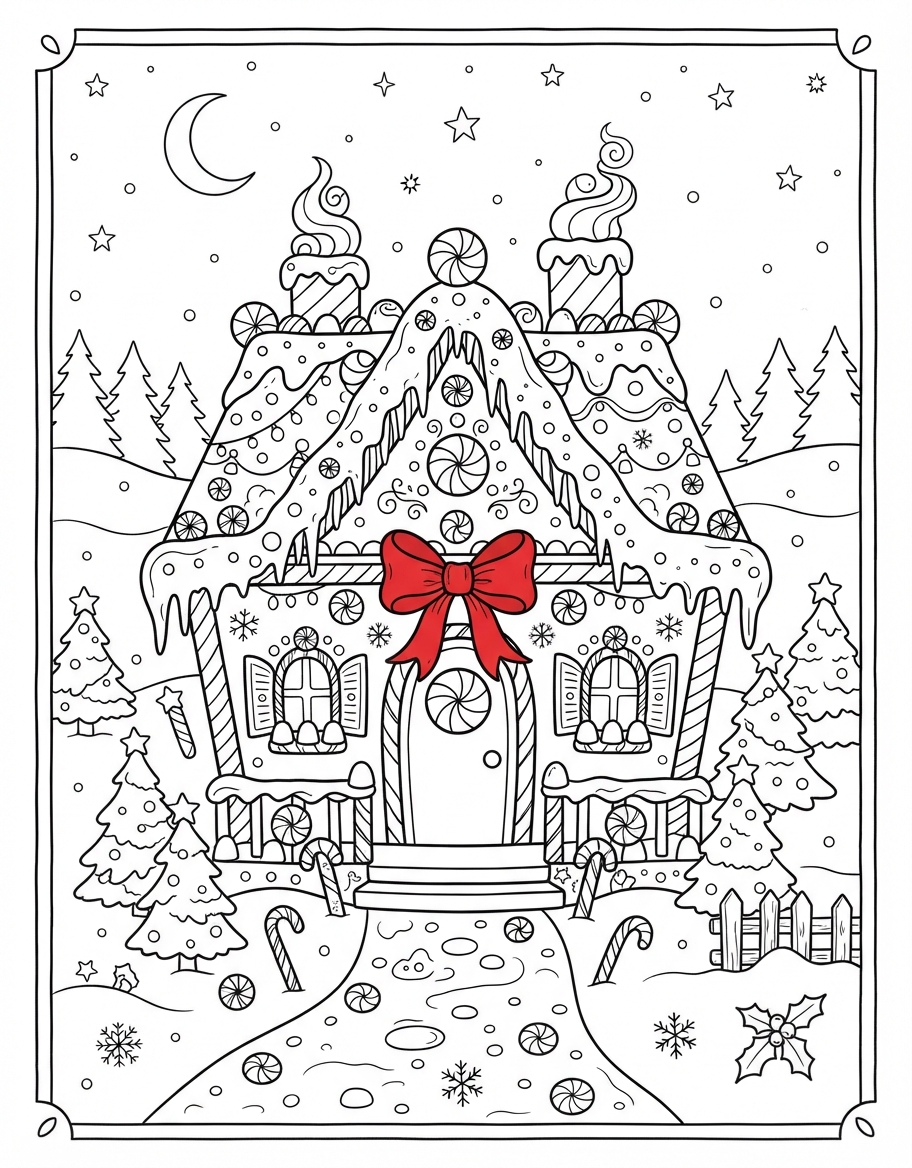 Magical Gingerbread House with Icing with a Red Bow Ribbon coloring page - free printable outline