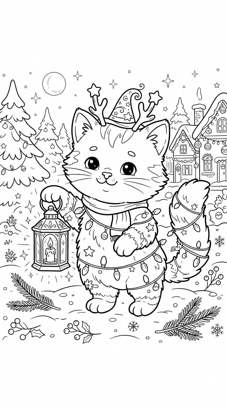 Magical Kitten with Holiday Lights holding a Glowing Lantern coloring page - free printable outline