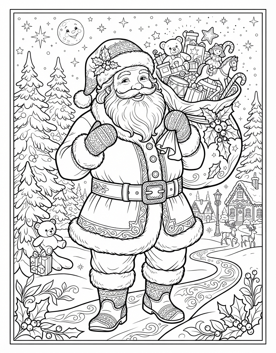 Magical Santa Claus with Toy Bag with Holly and Berries coloring page - free printable outline