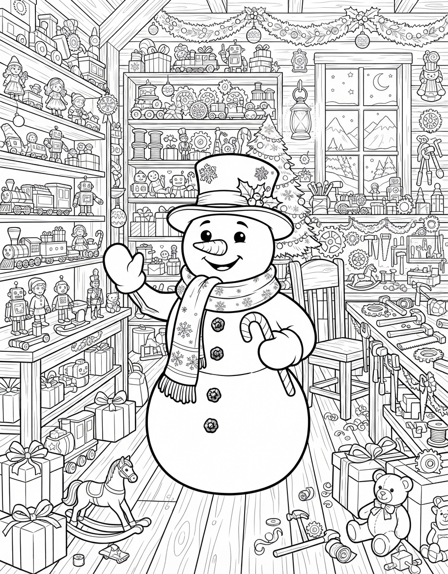 Magical Snowman with Scarf in Santa's Workshop coloring page - free printable outline