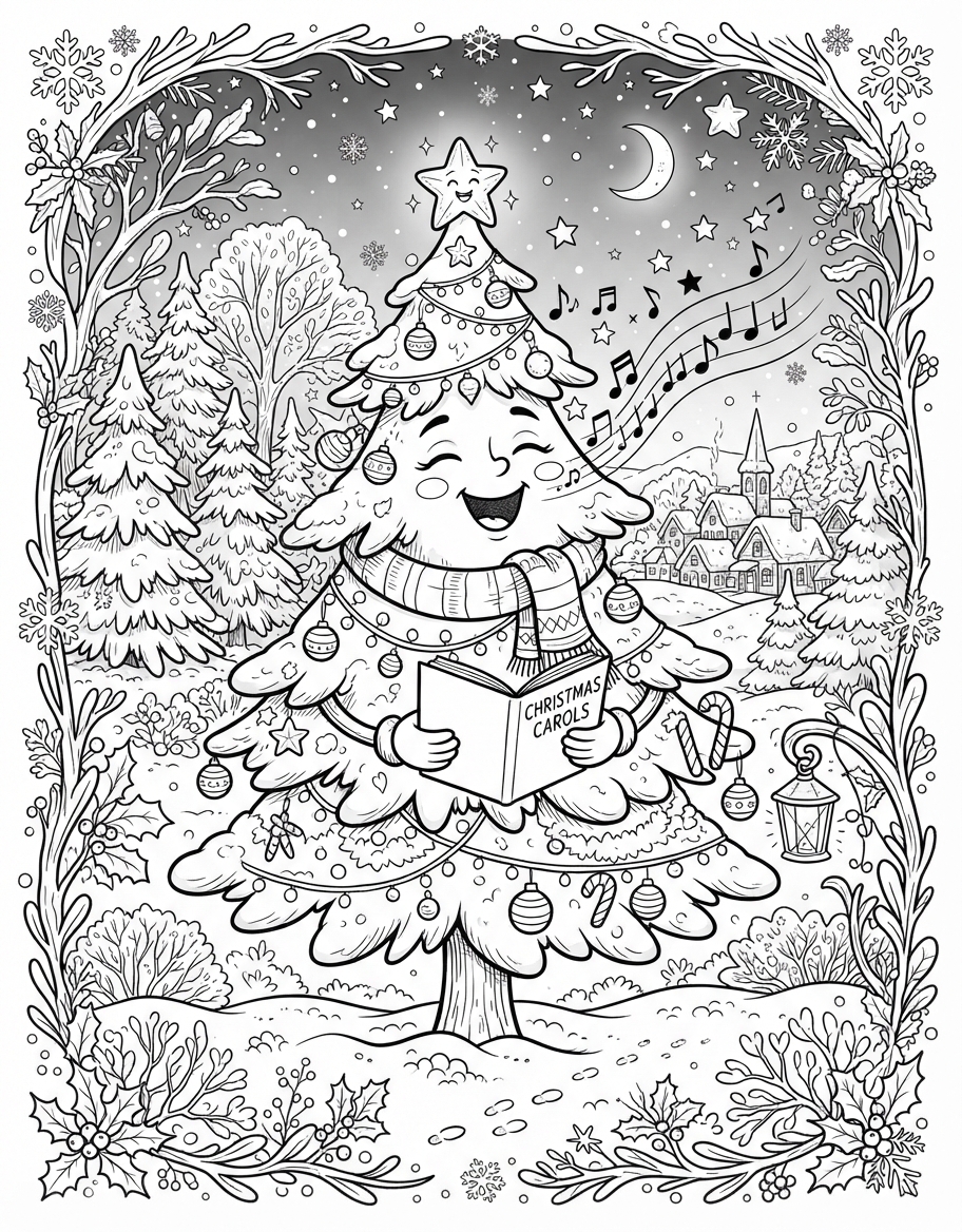 Magical Snowy Pine Tree singing Joyful Christmas Carols coloring page - free printable outline