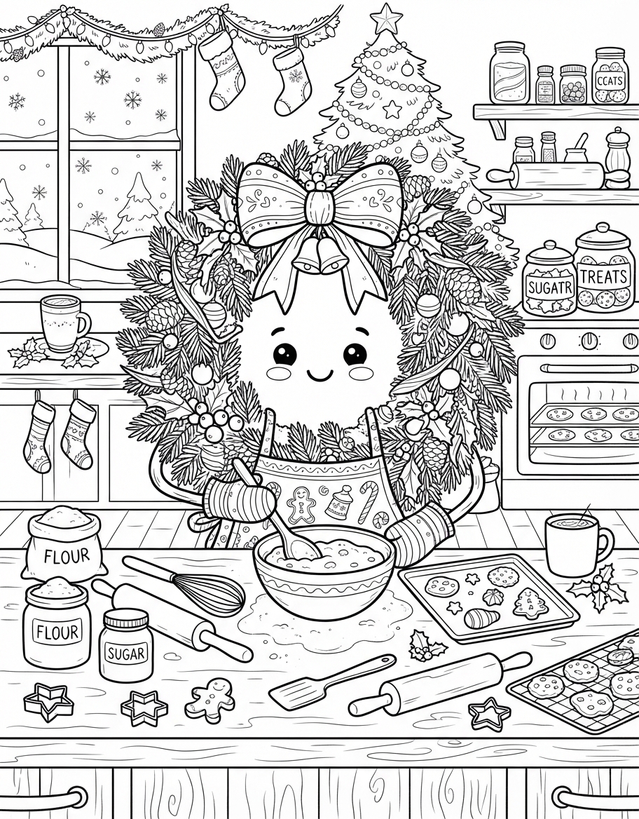 Majestic Christmas Wreath with Bow baking Holiday Treats coloring page - free printable outline