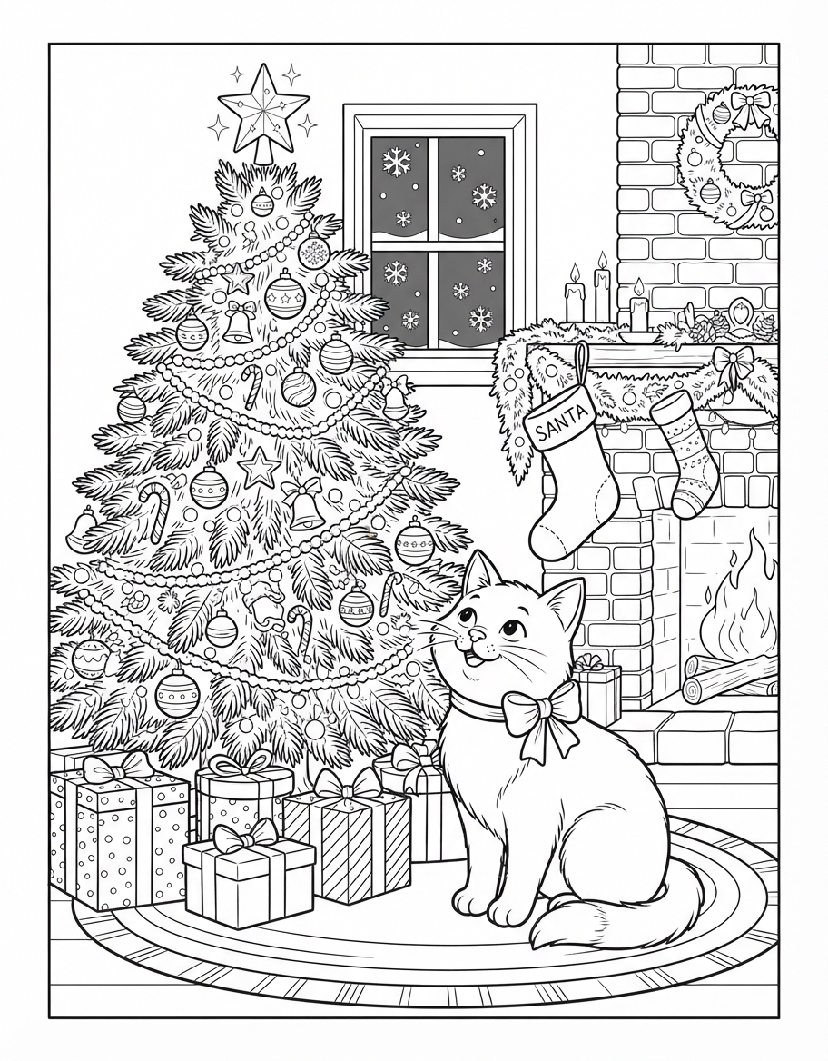 Merry Cat under Christmas Tree waiting for Santa Claus coloring page - free printable outline