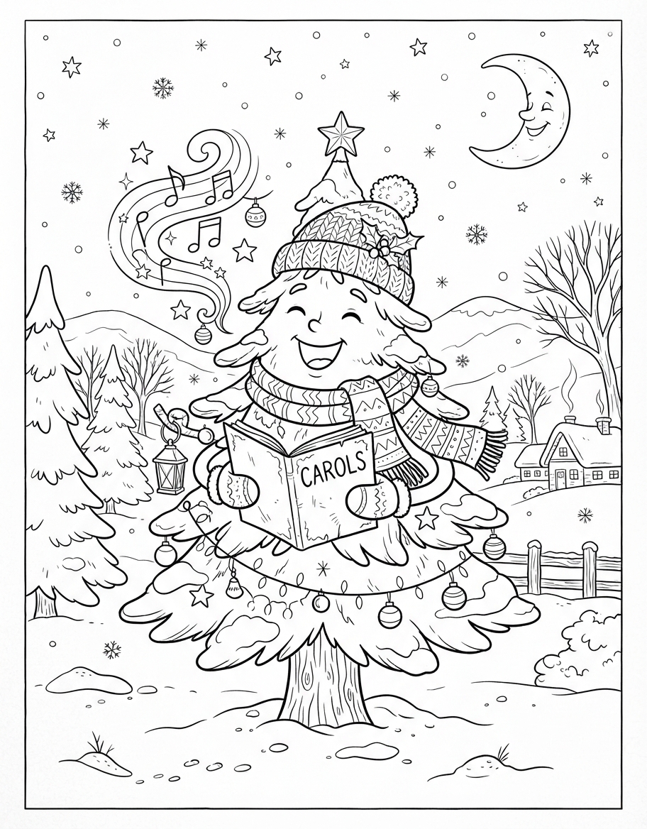 Merry Snowy Pine Tree singing Joyful Christmas Carols coloring page - free printable outline