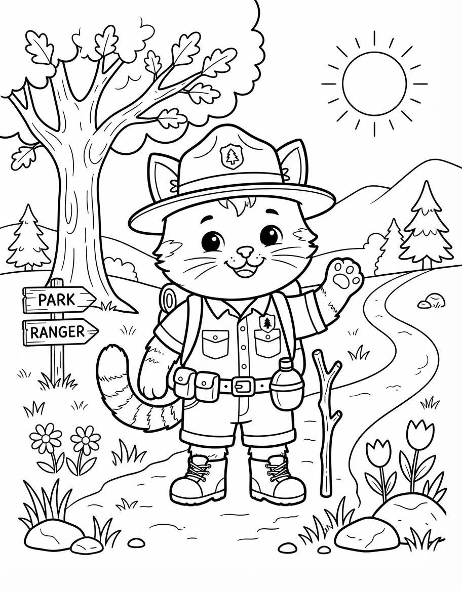 Park Ranger Kitten coloring page - free printable outline