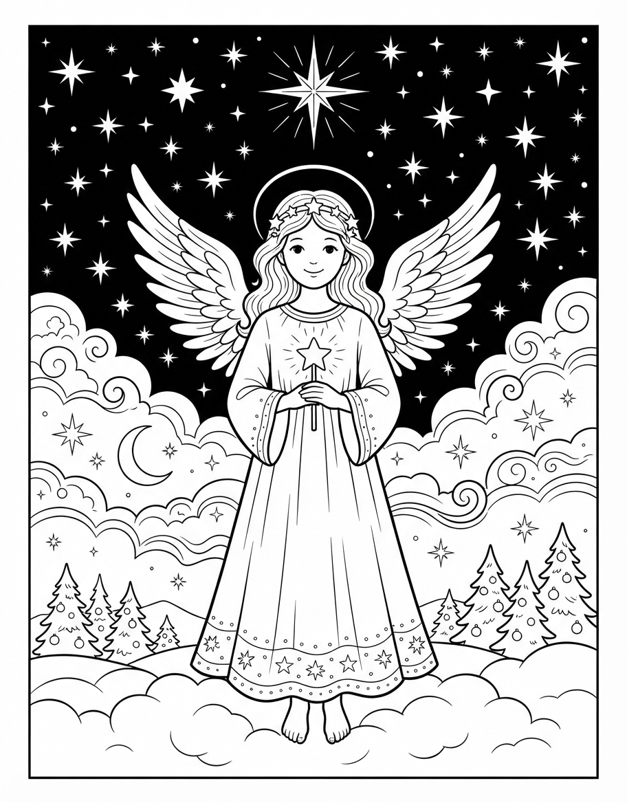 Peaceful Christmas Angel with Wings under Twinkling Stars coloring page - free printable outline