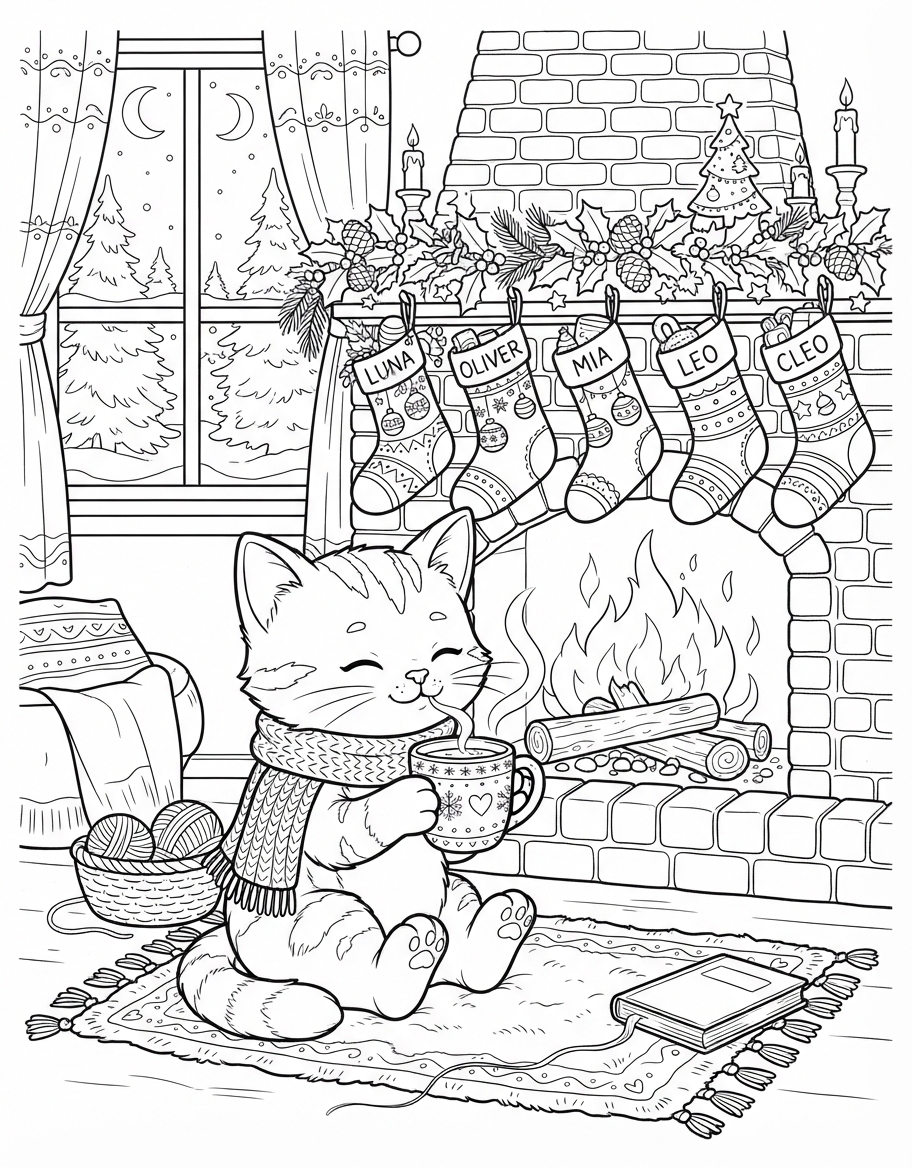 Peaceful Kitten Sipping Hot Cocoa with Hanging Stockings coloring page - free printable outline