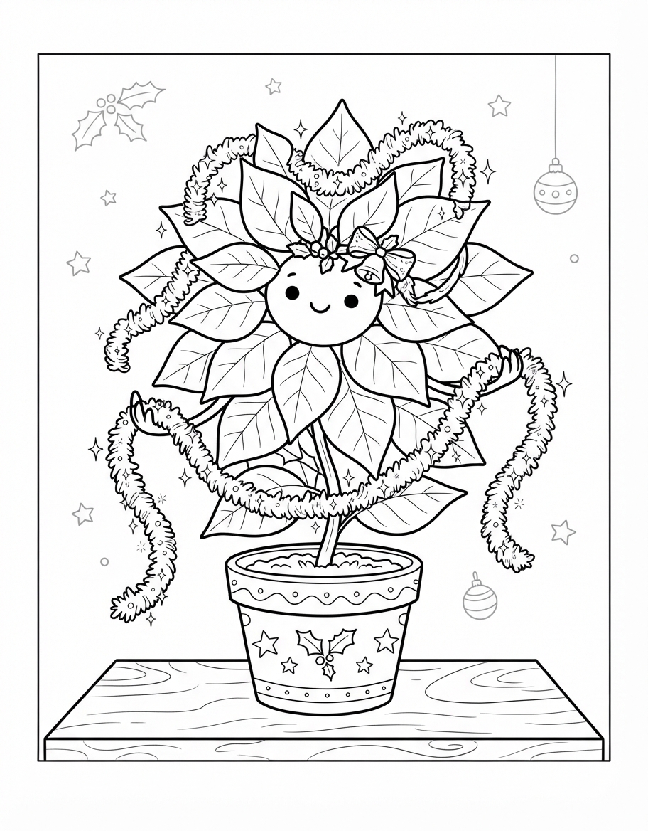 Peaceful Poinsettia Holiday Flower playing with Holiday Tinsel coloring page - free printable outline
