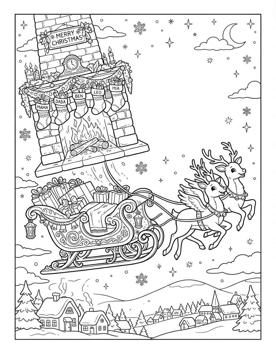 Playful Fireplace with Stockings on a Magical Sleigh Ride coloring page - free printable outline