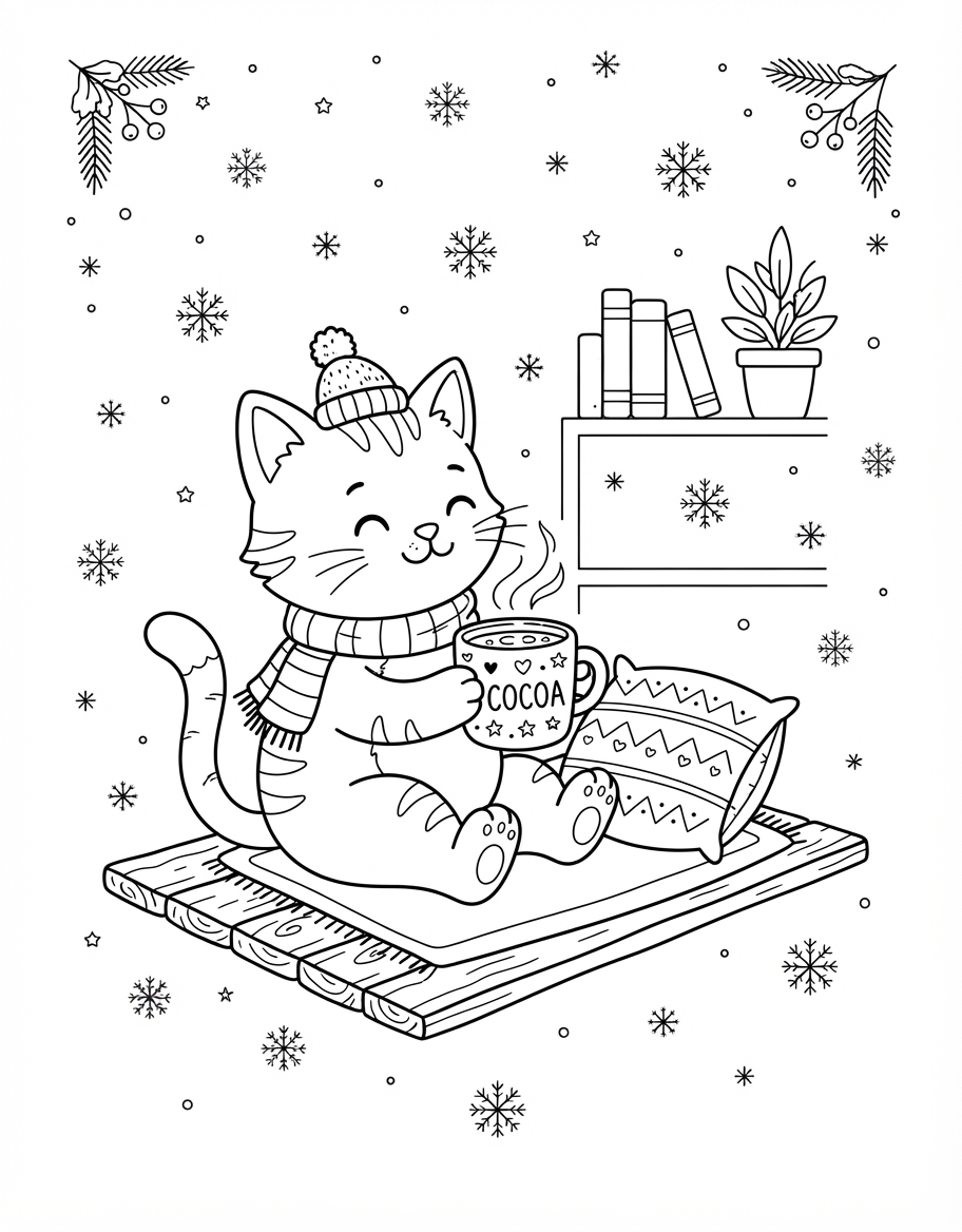 Playful Kitten Sipping Hot Cocoa surrounded by Falling Snowflakes coloring page - free printable outline