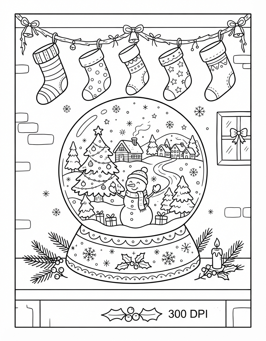 Playful Snowglobe with Winter Scene with Hanging Stockings coloring page - free printable outline