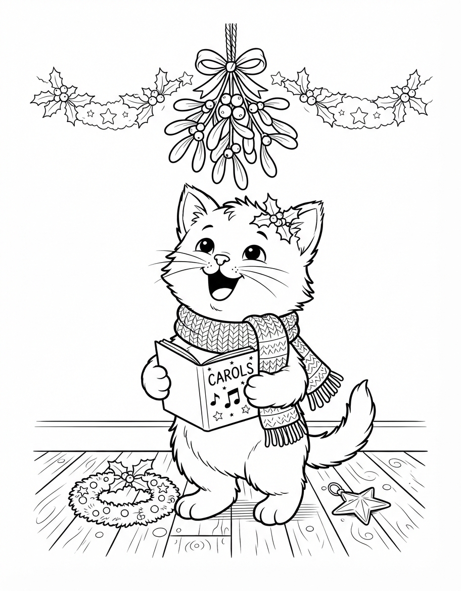 Radiant Caroling Kitten under the Mistletoe coloring page - free printable outline