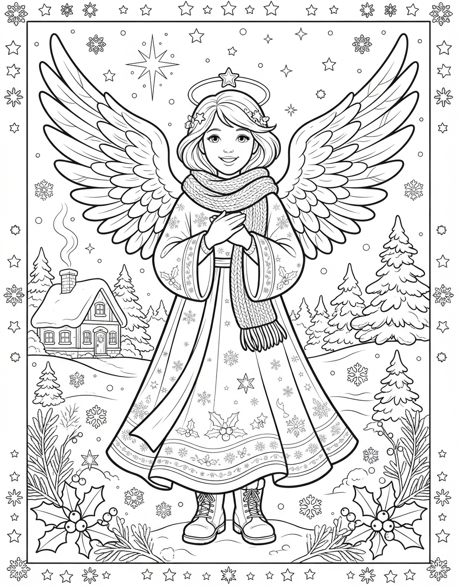 Radiant Christmas Angel with Wings wearing a Soft Winter Scarf coloring page - free printable outline