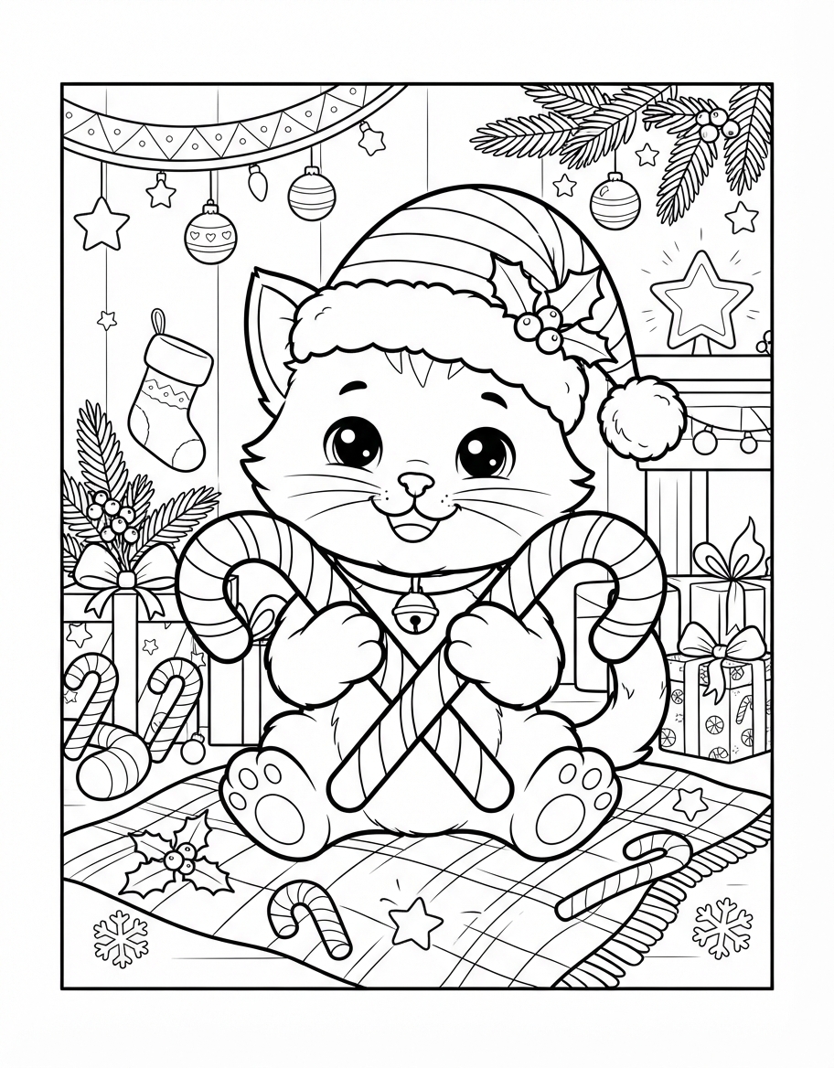 Radiant Kitten in Santa Hat with Peppermint Candy Canes coloring page - free printable outline