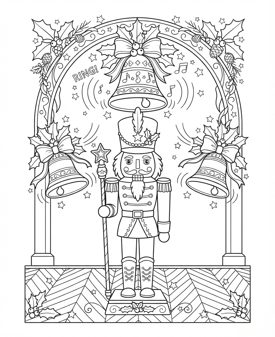Radiant Nutcracker Toy Soldier with Ringing Christmas Bells coloring page - free printable outline