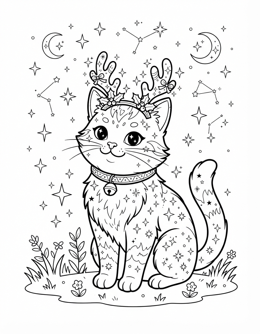 Sparkling Cat with Reindeer Ears under Twinkling Stars coloring page - free printable outline
