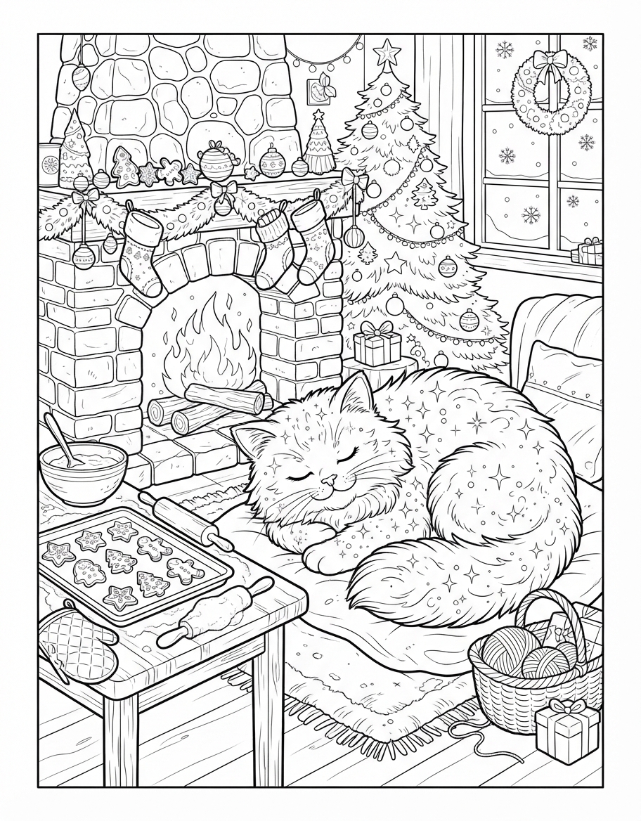Sparkling Fluffy Cat Sleeping by Fire baking Holiday Treats coloring page - free printable outline