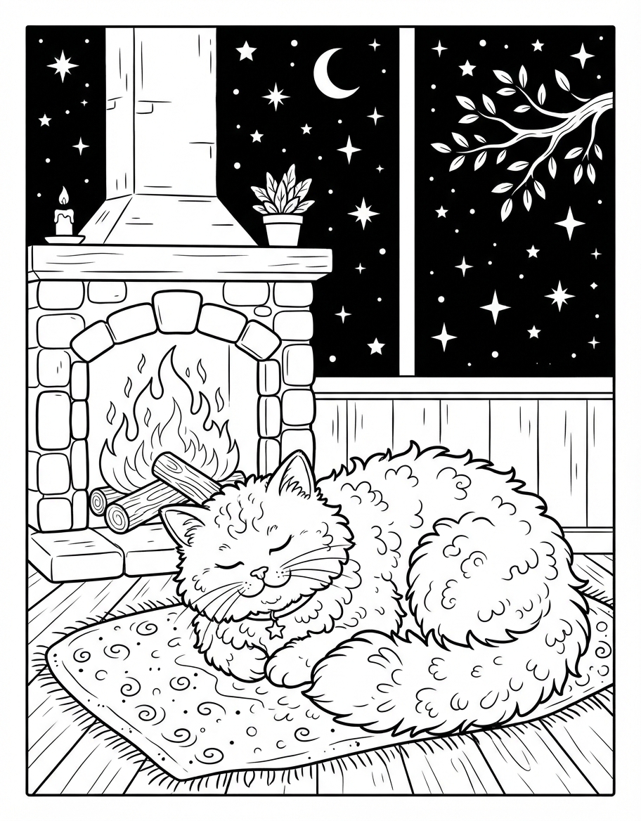 Sparkling Fluffy Cat Sleeping by Fire under Twinkling Stars coloring page - free printable outline