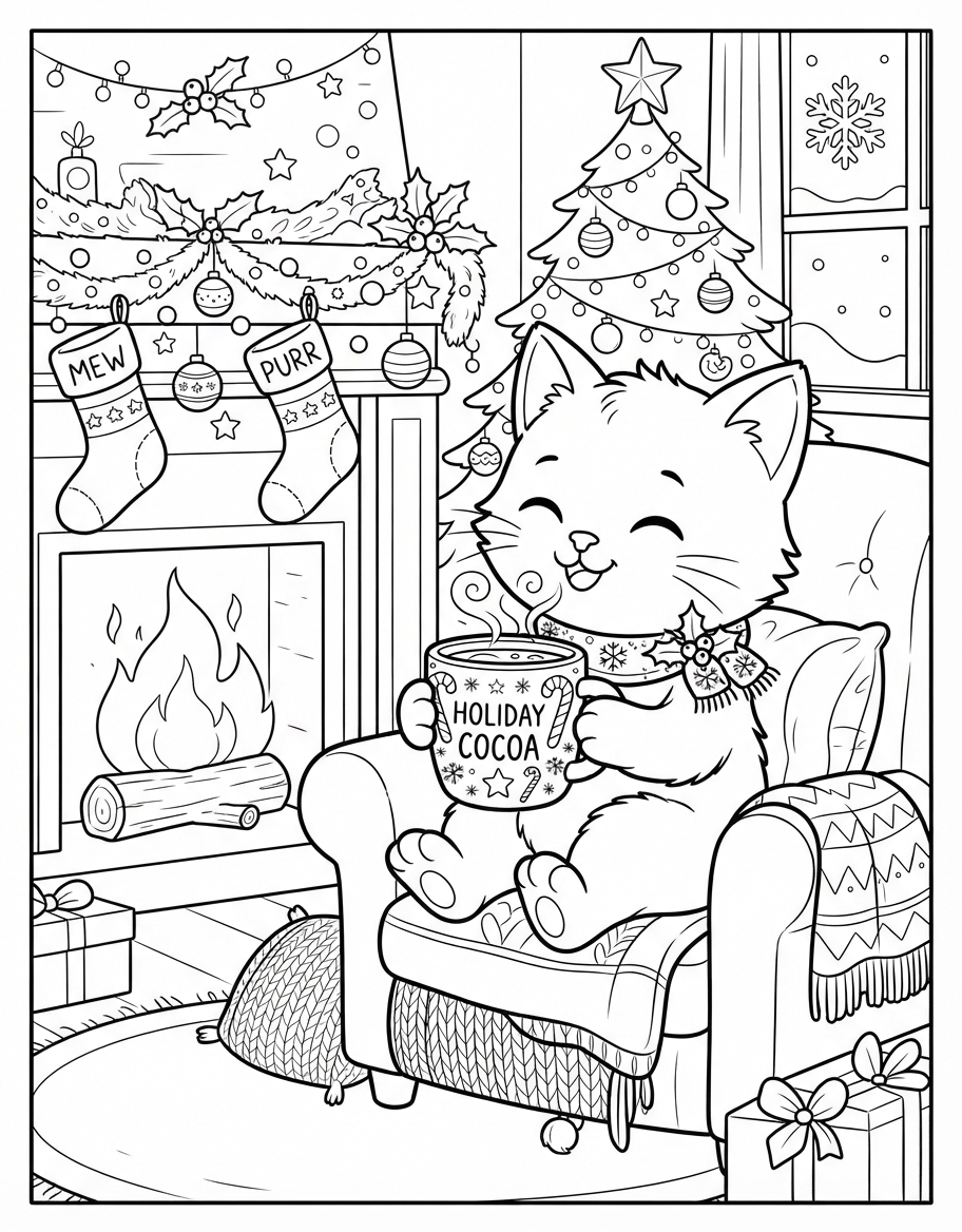Sparkling Kitten Sipping Hot Cocoa decorated for the Holidays coloring page - free printable outline