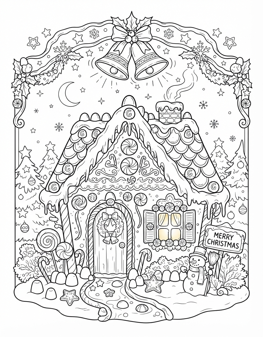 Sweet Gingerbread House with Icing with Ringing Christmas Bells coloring page - free printable outline