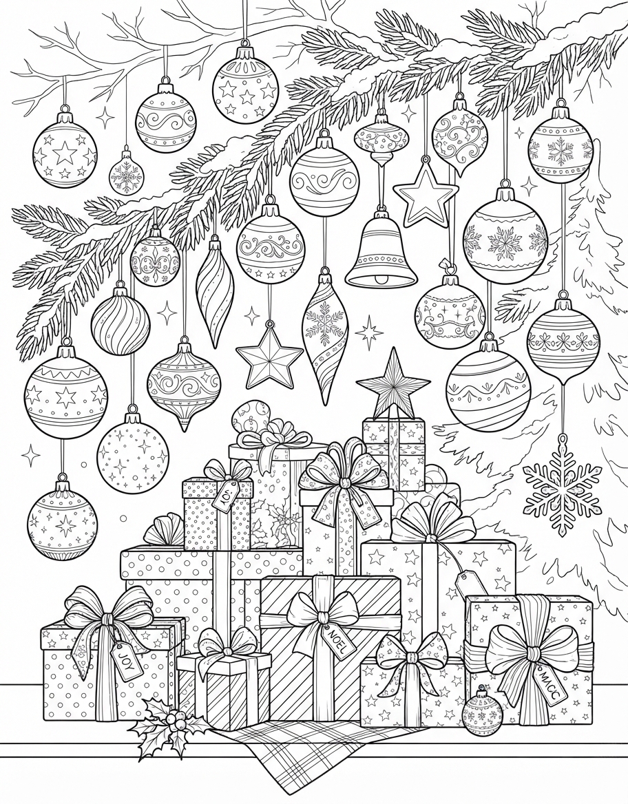 Twinkling Christmas Ornaments & Baubles with Bright Wrapped Gifts coloring page - free printable outline