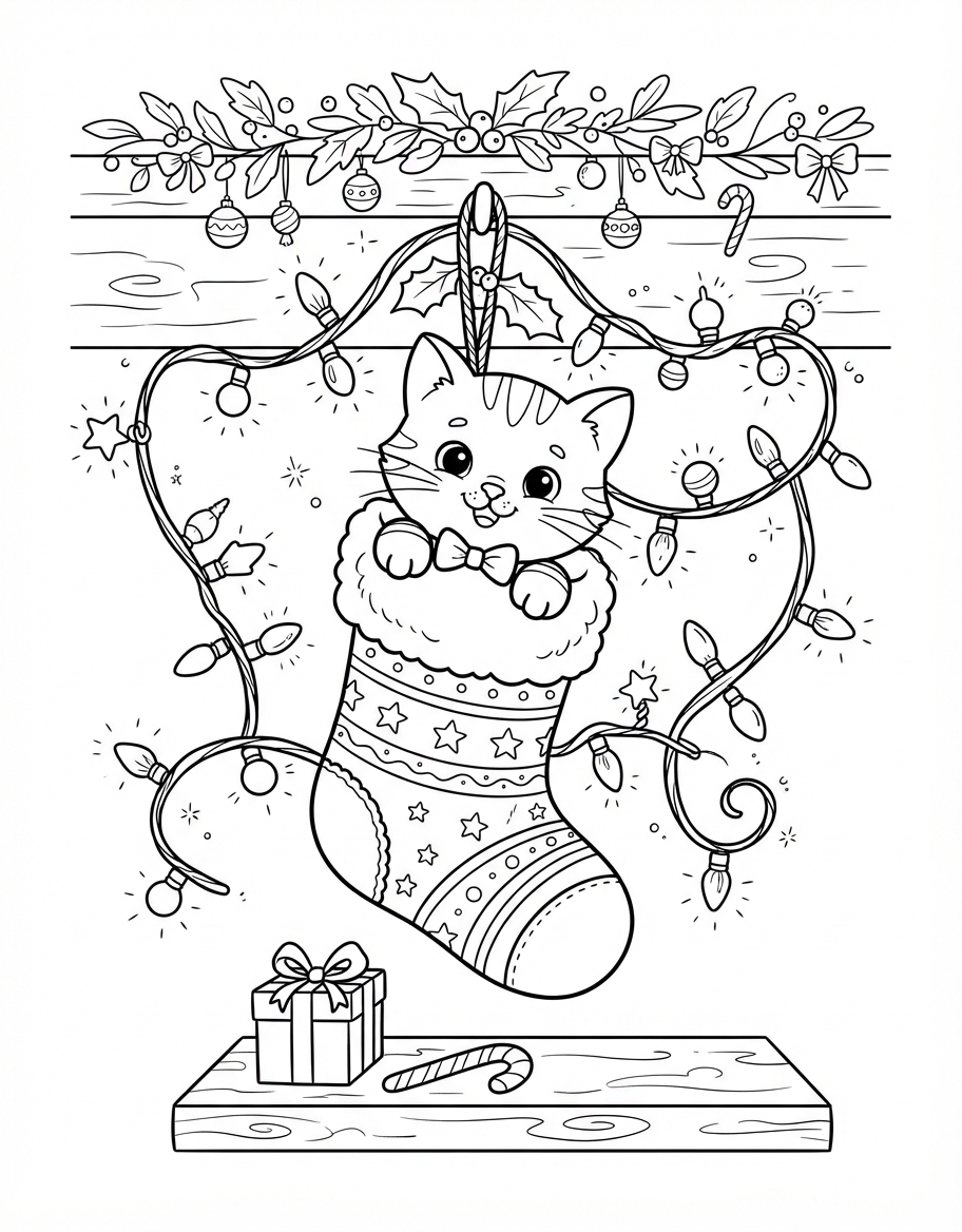 Twinkling Kitten in Stocking surrounded by Christmas Lights coloring page - free printable outline